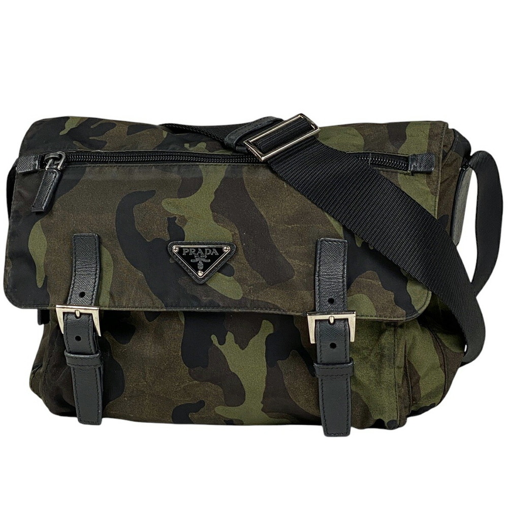 Prada Logo Plate Shoulder Bag Camouflage Crossbody Green Black